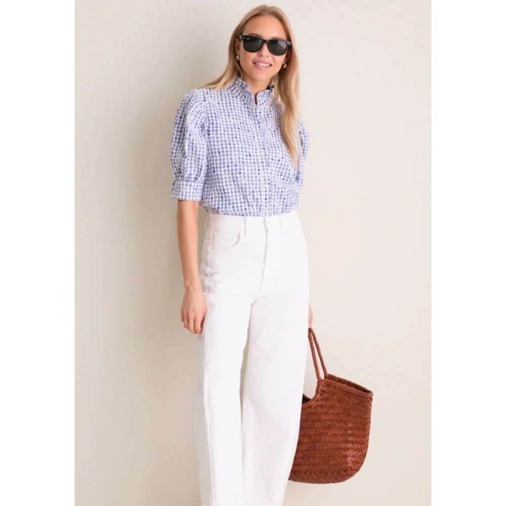 Tuckernuck Hyacinth House Embroidered Gingham Louisa Blouse Coastal Cottage